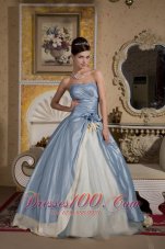 Beaded Light Blue Quinceanera Gown with Hand Made Flower