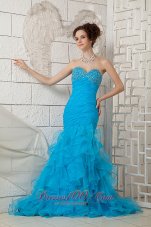 Mermaid Sky Blue Prom Gown 2013 Organza Brush Beaded
