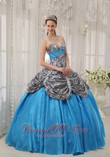 Blue and Zebra Print Ruch Sweetheart Quinceanera Dress