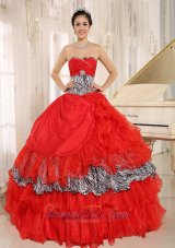 Sweetheart Red and Zebra Multi-tierd Ball Gown Quinceanera Dress