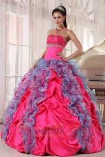 Hot Pink and Aqua Blue Taffeta and Organza Sweet 15 Dress Beading