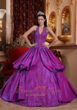 Purple Simple Dresss for Quinceanera Halter Taffeta Appliques