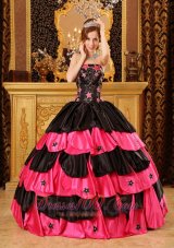 Black and Hot Pink Taffeta Beading Dress for Quinceaneras