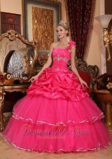 One Shoulder Hot Pink Quinceanera Dress Beading and Pick-ups