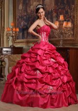 Strapless Appliques Taffeta Coral Red Quinceanera Dress