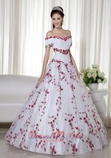 Off Shoulder Embroidery White and Red Quinceanera Dress