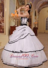 New White Organza Black Embroidery Sweet 16 Dress