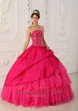 Hot Pink Organza and Taffeta Floor-length Quinceanera Dress