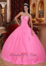 Rose Pink Beading Appliques Quinceanera Dress Strapless