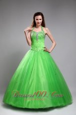 Spring Green Sweet 16 Dress Halter Beading Floor-length