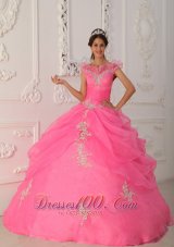 V-neck Rose Pink Quinceanera Dress Under 200 Appliques Pick-ups