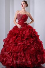 Wine Red Beading and Ruffles Quinceanea Dress A-Line Sweetheart