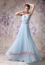 Halter Baby Blue Pleated Prom Evening Dress Chiffon Beading