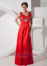 Straps Red Prom Evening Dress Satin Beading Floor-length