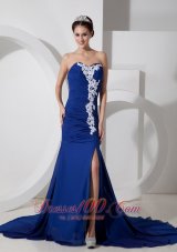 Appliques Blue Chiffon High Split Evening Dress for Prom