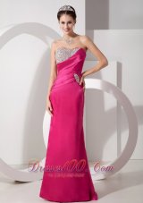 Hot Pink Column Asymmetrical Prom Evening Dress Satin Beading