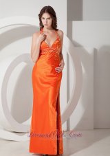 Orange Column Halter Beading Prom Dress Side Split