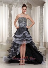 High-Low Strapless white and Black Beaded Evening Pageant Dress