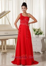 Floral One Shoulder Red Chiffon Evening Dress Beading