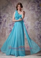 Hand Made Flowers One Shoulder Aqua Blue Prom Dress