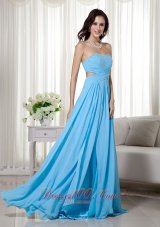 Aqua Blue Brush Train Chiffon Beading Prom Dress