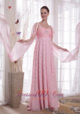 Watteau Train Pink Chiffon Sequined Prom Evening Dress