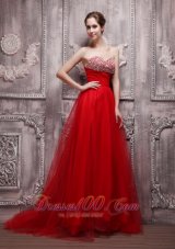 Blood Red Brush Train Net Beading Prom Pageant Dress