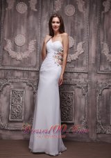One Shoulder White Prom Evening Dress Chiffon Beading