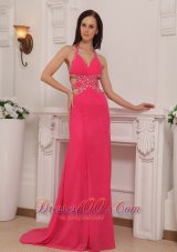 Halter Brush Train Hot Pink Prom Celebrity Pageant Dress