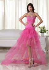 High-low Organza Beading Pink Prom Cocktail Dress