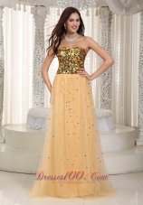 Sequined Gold Strapless Brush Train Tulle Prom Dress