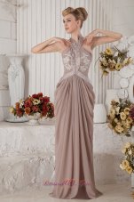Halter Drapping Appliques Beaded Champagne Prom Evening Dress