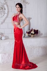 Red Mermaid Halter Taffeta Beading 17 Prom Dress