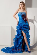 Feather High Low Ruffled Blue Organza Prom Evening Dress