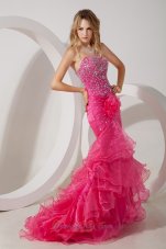 Mermaid Hot Pink Ruffles Organza Beaded Prom Evening Dress
