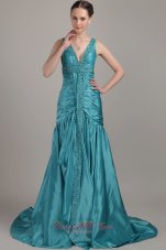 Brush Teal Beading Prom Dress Ruch A-line