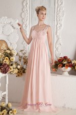 Baby Pink Empire Straps Beading Pleats Prom Dress