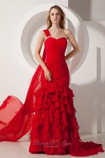 Red Mermaid Ruffles Prom Dress One Shoulder Watteau