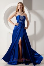 High Slit Royal Blue Prom Dress Beading Brush