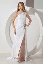 White One Shoulder Prom Dress Slit Sequin Key-hole