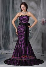 Lace Overlay Purple Prom Dress Mermaid Sashed