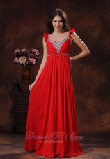 Square Red Chiffon Prom Dress with Beads Straps