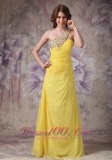 Yellow One Shoulder Beads Evening Dress Ruched