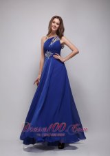 Beading One Shoulder Blue Prom Dress Chiffon