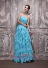 Ruffles Aqua Blue Prom Holiday Gown Beading Empire