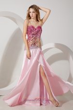 Baby Pink Sequined Straps Evening Dress with Split