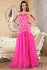 Mermaid Brush Beads Hot Pink Prom Dress Organza