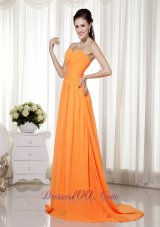 Orange Brush Beading Ruch Prom Celebrity Dress