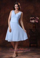 V-neck Two Straps Ruch Prom Dress With Knee-length
