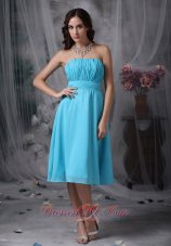 Aqua Blue Empire Knee-length Ruch Dress for Prom